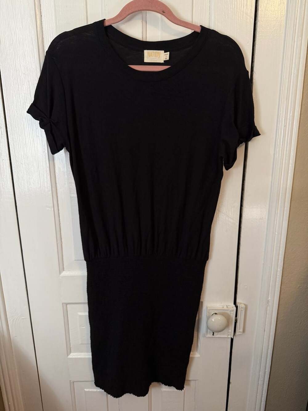 Nation LTD Black Pima Cotton Smocked Waist Blouson Mini Dress Small